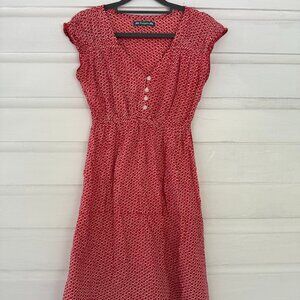 Puspita Red, white patterned, lightweight sundress with buttons & cinched waist